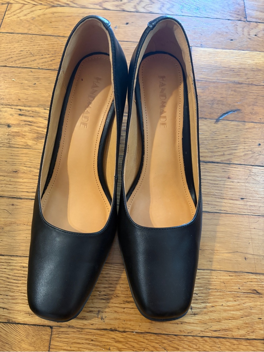 Handmade Black Leather Square-Toe Block Heel Pumps